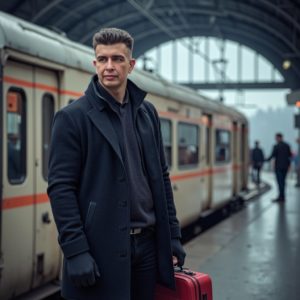 Шведков Илья в шерстяном пальто и ушанке стоит на старом вокзале с чемоданом, зимняя атмосфера, приглушённые цвета, ностальгия вне времени