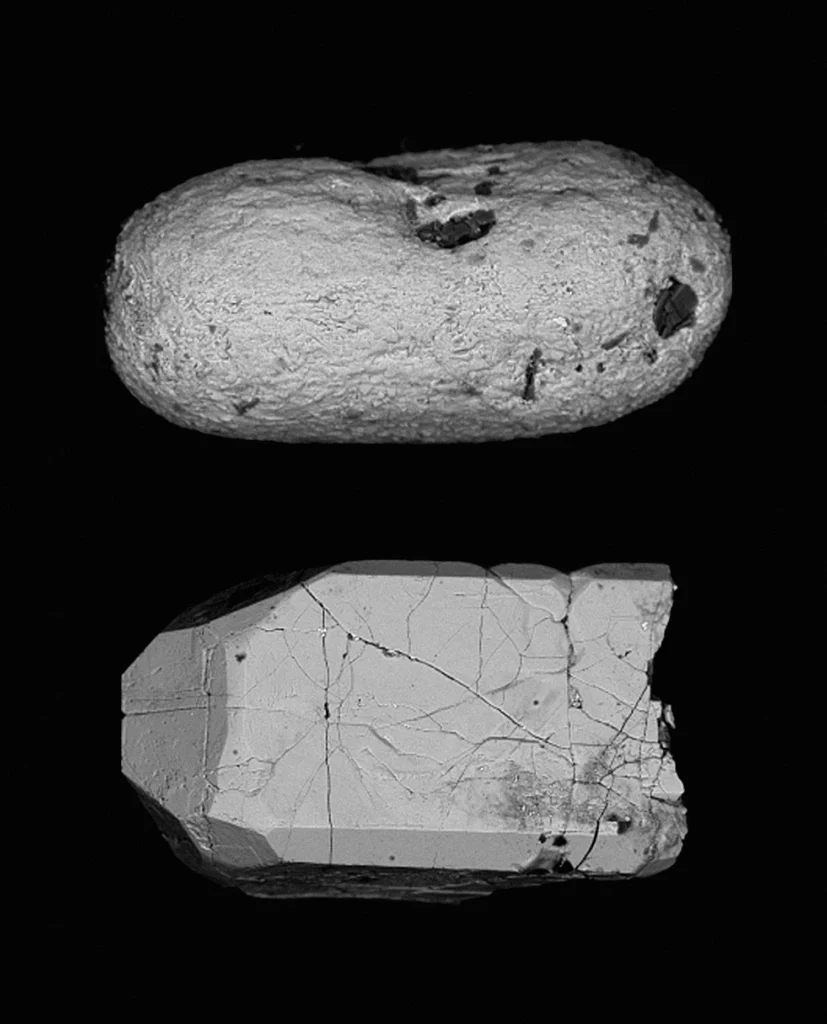 Электронная микрофотография обратного рассеяния 4,4-миллиардных цирконов из метаосадочных пород Хадеана в Джек-Хиллс, гнейсовый террен Нарриер, Западная Австралия