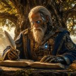 Футуристический ИИ-летописец с пером и дневником