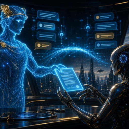 Футуристическая иллюстрация: Hermes передает цифровой контракт OpenClaw