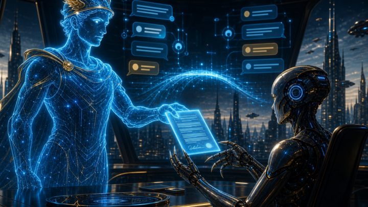 Футуристическая иллюстрация: Hermes передает цифровой контракт OpenClaw