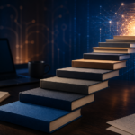 Ступени из книг ведут к светящейся нейронной сети