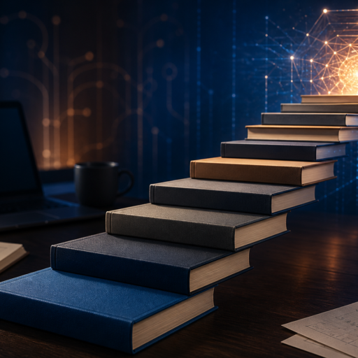 Ступени из книг ведут к светящейся нейронной сети