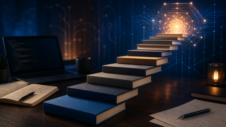 Ступени из книг ведут к светящейся нейронной сети
