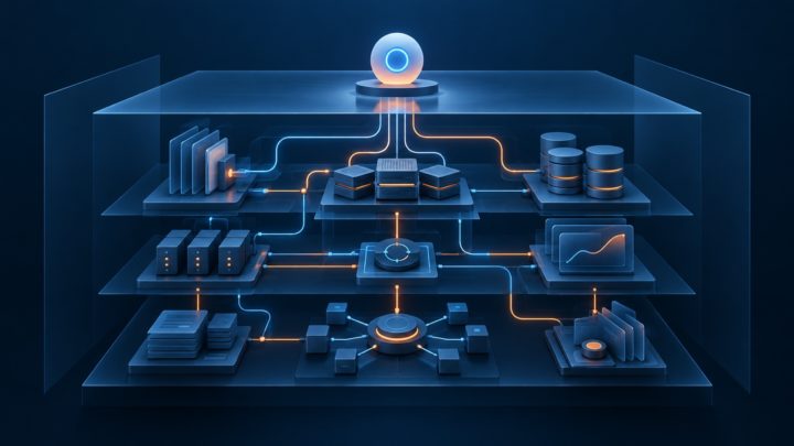 Небольшой видимый узел ИИ-агента соединён с многослойной системой расходов на модели, интеграции, данные и контроль