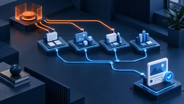 Оранжевый узел решения соединяет четыре функции ИИ-SMM-отдела с проверенным материалом