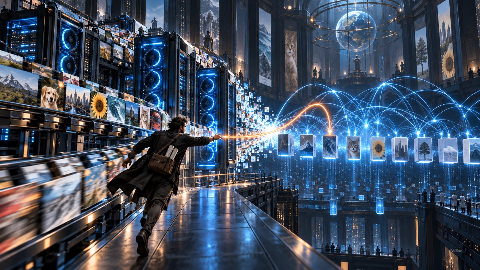 Поток изображений на GPU-трассе соединяется с линиями внимания и превращается в современную языковую систему