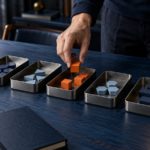 Рука распределяет задачи по пяти металлическим лоткам на синем столе
