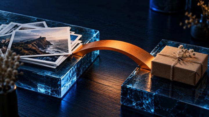 Оранжевый мост соединяет фотографии и упаковку продукта на двух стеклянных платформах