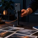 Рука настраивает телефон на штативе рядом с фотографиями и синим блокнотом
