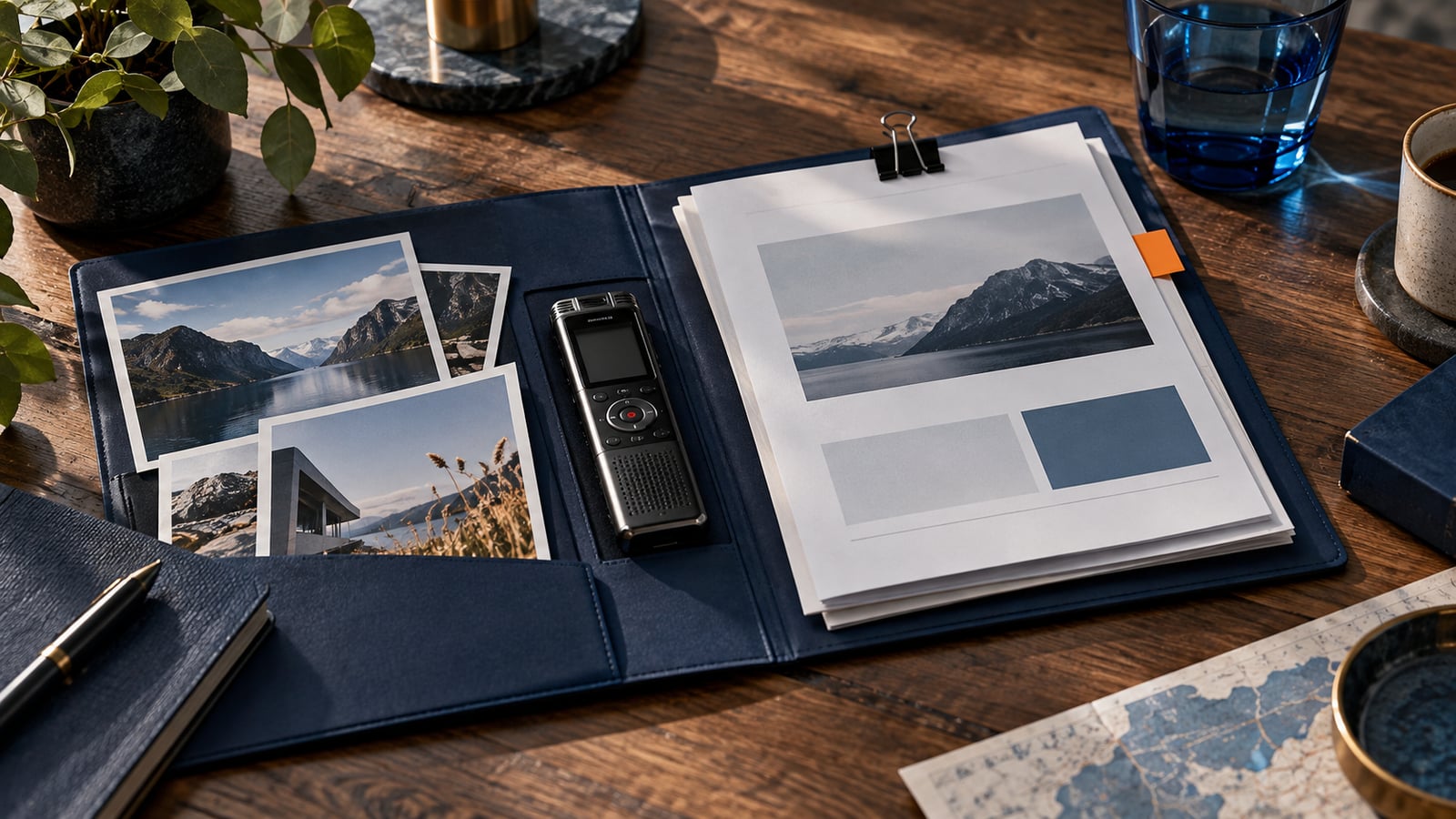 Папка с исходными фотографиями, документами и диктофоном для подготовки презентации